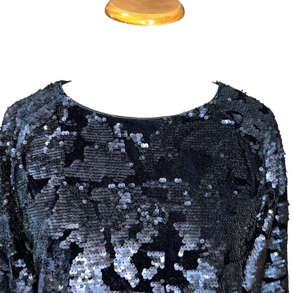 J.O.A. LOS ANGELES NAVY BLUE SEQUIN VELVET CREW NECK SWEATER BC2965 SMALL SHINY - Picture 3 of 9